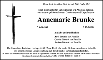 Traueranzeige von Annemarie Brunke von Neue Presse Coburg