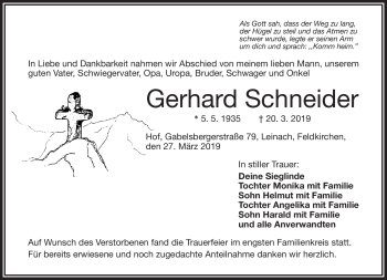 Traueranzeige von Gerhard Schneider von Frankenpost