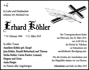 Traueranzeige von Ehrhard Köhler von Südthüringer Presse