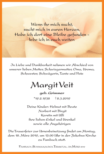 Traueranzeige von Margit Veit von Südthüringer Presse