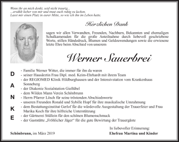 Traueranzeige von Werner Sauerbrei von Südthüringer Presse