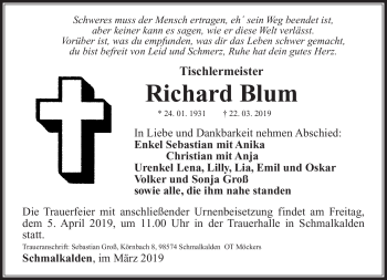 Traueranzeige von Richard Blum von Südthüringer Presse