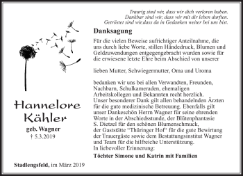 Traueranzeige von Hannelore Kähler von Südthüringer Presse