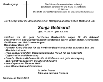 Traueranzeige von Sonja Gebhardt von Südthüringer Presse