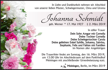 Traueranzeige von Johanna Schmidt von Südthüringer Presse