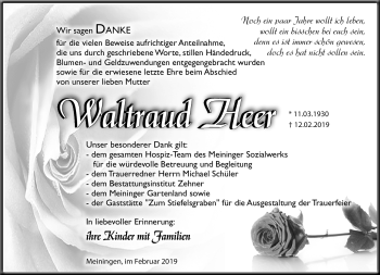 Traueranzeige von Waltraud Heer von Südthüringer Presse