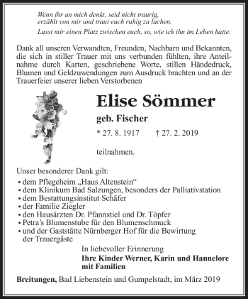 Traueranzeige von Elise Sömmer von Südthüringer Presse