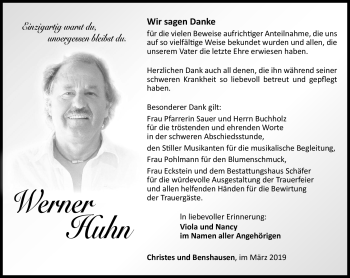 Traueranzeige von Werner Huhn von Südthüringer Presse