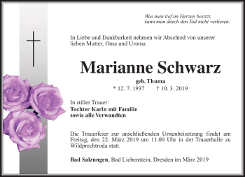 Traueranzeige von Marianne Schwarz von Südthüringer Presse