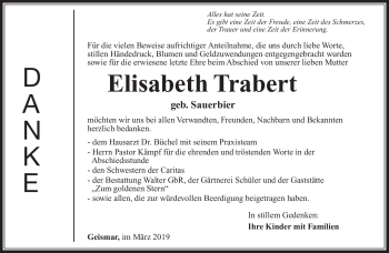 Traueranzeige von Elisabeth Trabert von Südthüringer Presse