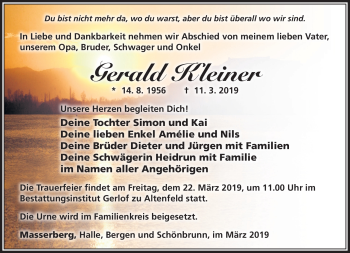 Traueranzeige von Gerald Kleiner von Südthüringer Presse