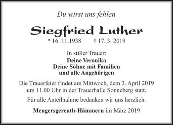 Traueranzeige von Siegfried Luther von Südthüringer Presse