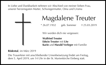 Traueranzeige von Magdalena Treuter von Neue Presse Coburg