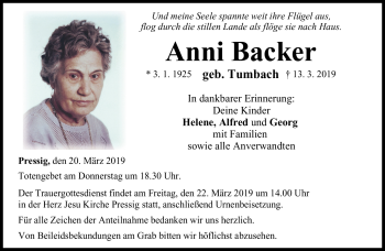Traueranzeige von Anni Backer von Neue Presse Coburg