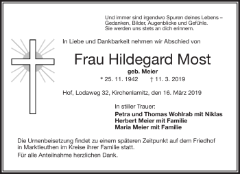Traueranzeige von Hildegard Most von Frankenpost