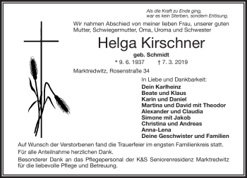 Traueranzeige von Helga Kirschner von Frankenpost