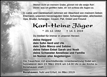 Traueranzeige von Karl-Heinz Jäger von Südthüringer Presse