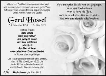 Traueranzeige von Gerd Hössel von Südthüringer Presse