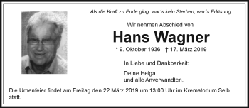 Traueranzeige von Hans Wagner von Frankenpost