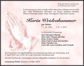 Traueranzeige von karin Weidenhammer von Südthüringer Presse