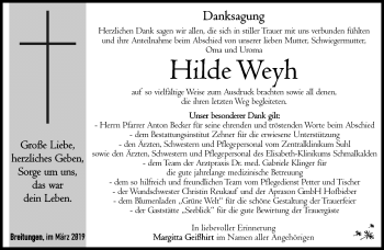 Traueranzeige von Hilde Weyh von Südthüringer Presse
