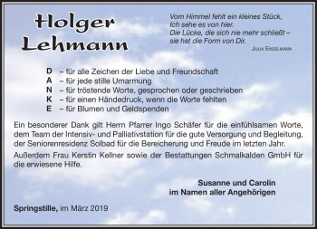 Traueranzeige von Holger Lehmann von Südthüringer Presse