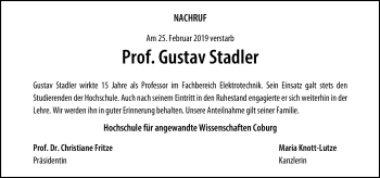 Traueranzeige von Gustav Stadler von Neue Presse Coburg