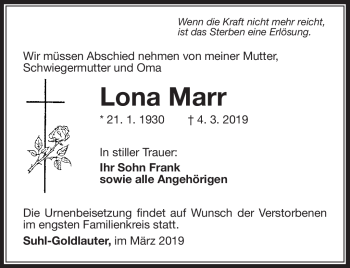 Traueranzeige von Lona Marr von Südthüringer Presse