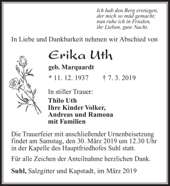 Traueranzeige von Erika Uth von Südthüringer Presse