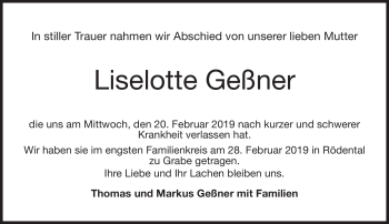 Traueranzeige von Liselotte Geßner von Neue Presse Coburg