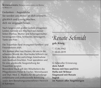 Traueranzeige von Renate Schmidt von Südthüringer Presse