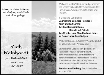 Traueranzeige von Ruth Reinhardt von Südthüringer Presse