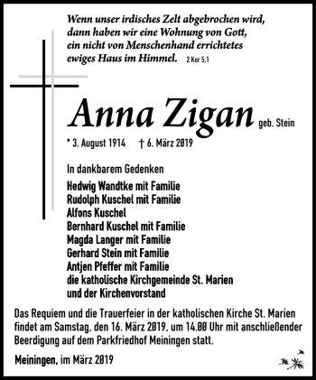 Traueranzeige von Anna Zigan von Südthüringer Presse