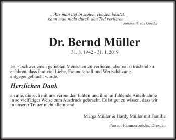 Traueranzeige von Bernd Müller Dr. von Südthüringer Presse