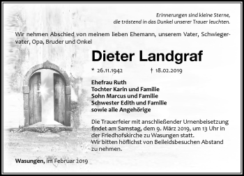 Traueranzeige von Dieter Landgraf von Südthüringer Presse