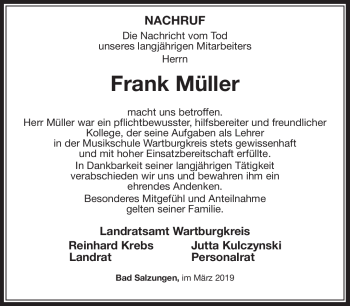 Traueranzeige von Frank Müller von Südthüringer Presse