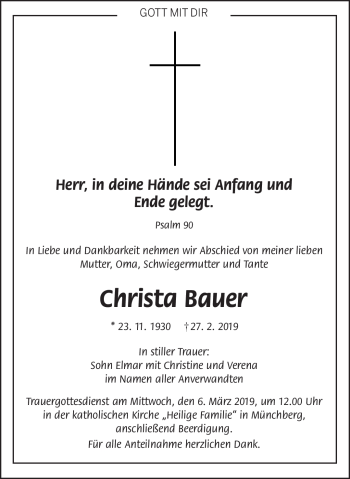 Traueranzeige von Christa Bauer von Frankenpost