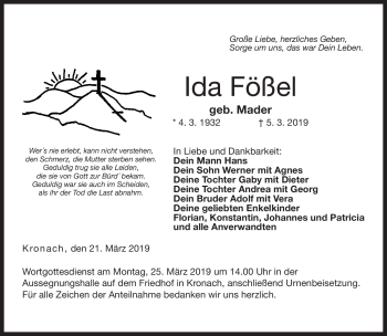 Traueranzeige von Ida Fößel von Neue Presse Coburg