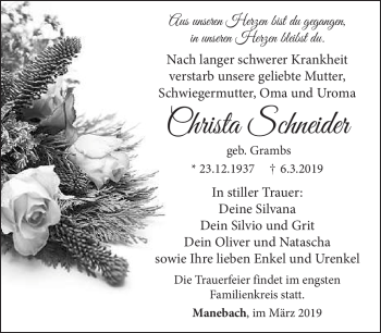 Traueranzeige von Christa Schneider von Südthüringer Presse