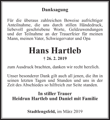 Traueranzeige von Hans Hartleb von Südthüringer Presse