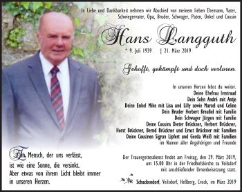 Traueranzeige von Hans Langguth von Südthüringer Presse