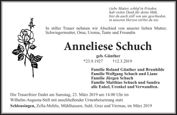 Traueranzeige von Anneliese Schuch von Südthüringer Presse