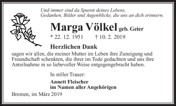 Traueranzeige von Marga Völkel von Südthüringer Presse