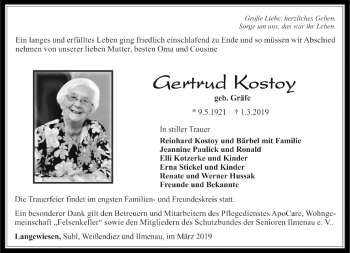 Traueranzeige von Gertrud Kostoy von Südthüringer Presse