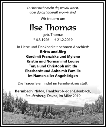 Traueranzeige von Ilse Thomas von Südthüringer Presse