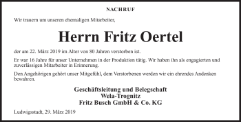 Traueranzeige von Fritz Oertel von Neue Presse Coburg