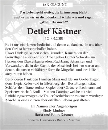 Traueranzeige von Detlef Kästner von Südthüringer Presse