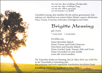 Traueranzeige von Brigitte Messing von Südthüringer Presse