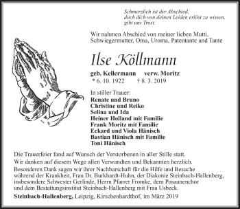 Traueranzeige von Ilse Köllmann von Südthüringer Presse