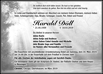 Traueranzeige von Harald Döll von Südthüringer Presse